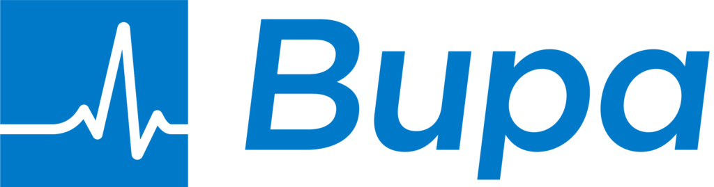 Blue and white Bupa logo with a stylized heartbeat line on the left.