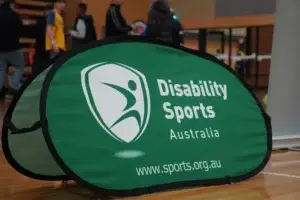 A Green Pop- Up Banner that says 'Disability Sports Australia' in white