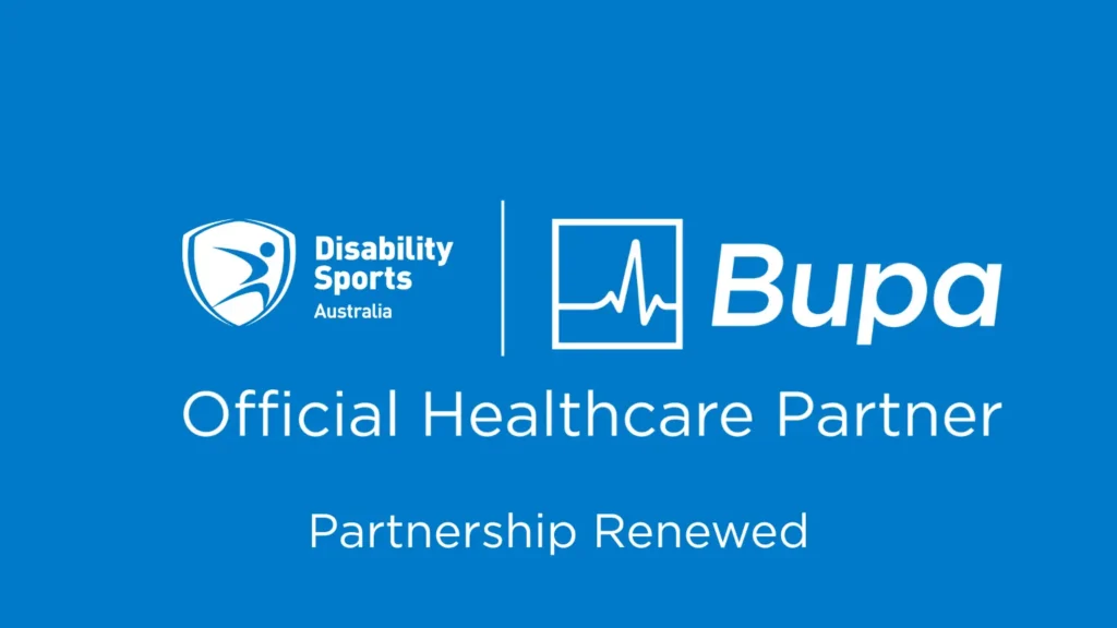 Parnership announcement graphic with Bupa logo and Disability Sports Australia it says Official Healthcare Partner