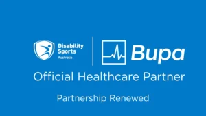 Parnership announcement graphic with Bupa logo and Disability Sports Australia it says Official Healthcare Partner