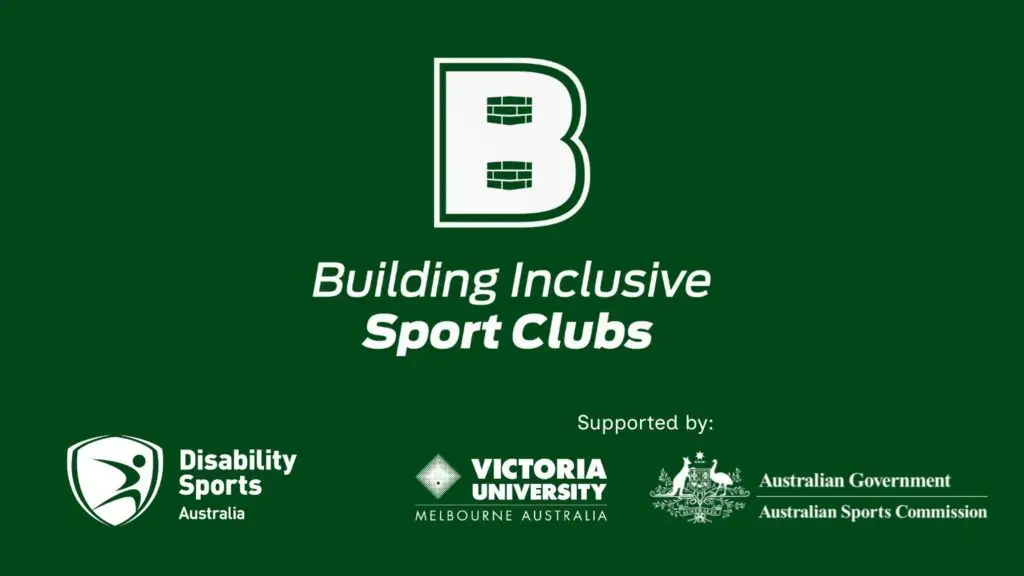 "Building Inclusive Sport Clubs logo featuring a bold letter 'B' above the program title. Below are the logos of Disability Sports Australia, Victoria University, and the Australian Sports Commission, indicating their support for the initiative. The background is dark green." Ask ChatGPT