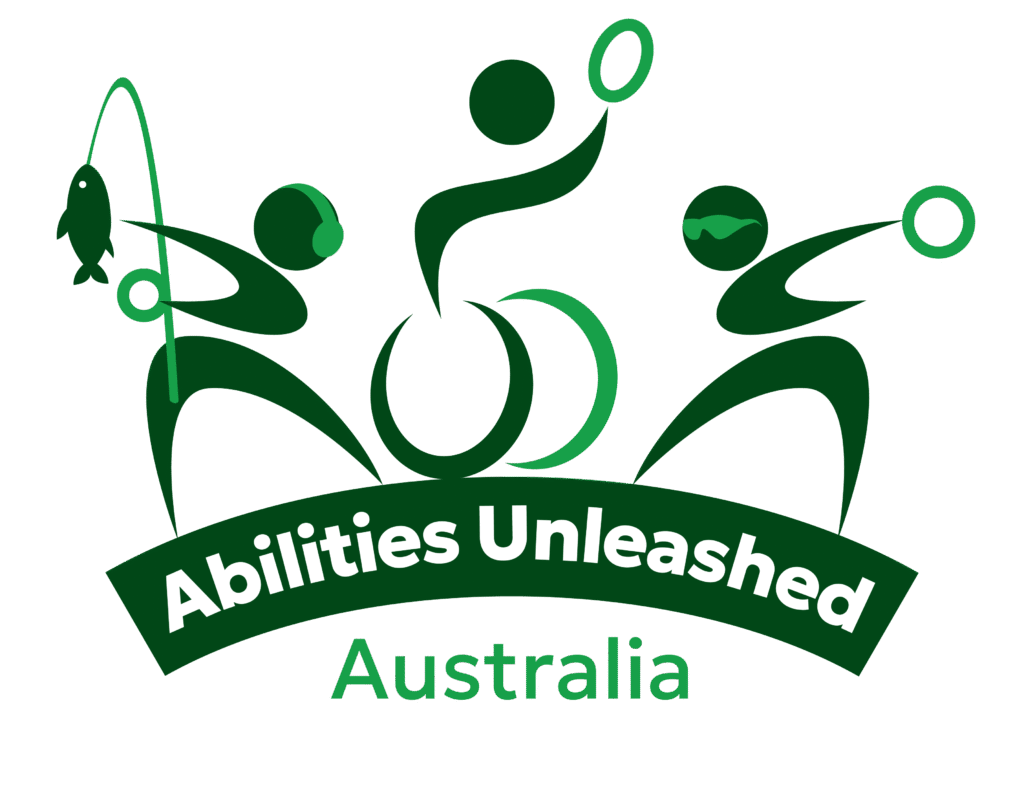 Logo for Abilities Unleashed Australia. The design features three stylised human figures in dark and light green shades, each engaging in different activities: one holding a fishing rod, one in a wheelchair holding a ring overhead, and one with swim goggles also holding a ring. Below the figures is a dark green curved banner with the words “Abilities Unleashed” in bold white text, and the word “Australia” underneath in green. The logo visually represents inclusive sport and recreation.