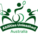 Logo for Abilities Unleashed Australia. The design features three stylised human figures in dark and light green shades, each engaging in different activities: one holding a fishing rod, one in a wheelchair holding a ring overhead, and one with swim goggles also holding a ring. Below the figures is a dark green curved banner with the words “Abilities Unleashed” in bold white text, and the word “Australia” underneath in green. The logo visually represents inclusive sport and recreation.