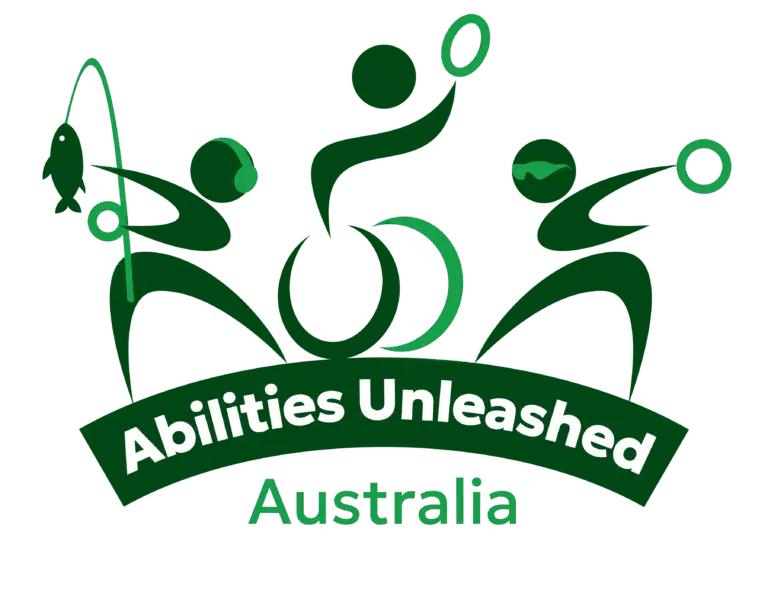 Logo for Abilities Unleashed Australia. The design features three stylised human figures in dark and light green shades, each engaging in different activities: one holding a fishing rod, one in a wheelchair holding a ring overhead, and one with swim goggles also holding a ring. Below the figures is a dark green curved banner with the words “Abilities Unleashed” in bold white text, and the word “Australia” underneath in green. The logo visually represents inclusive sport and recreation.