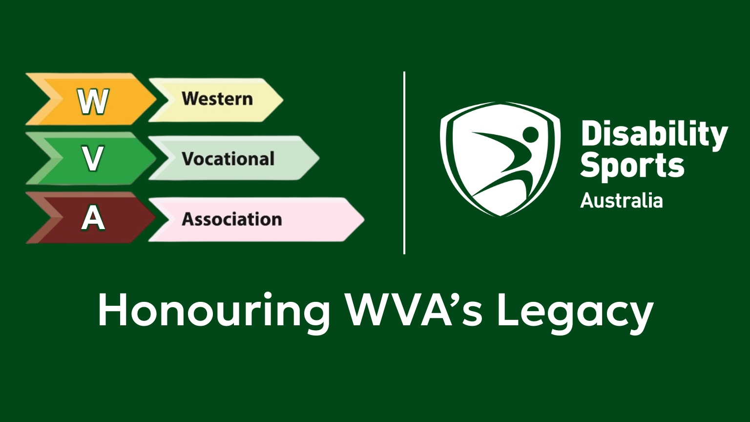 Western Vocational Association Inc. logo alongside Disability Sports Australia logo, both displayed on a dark green background