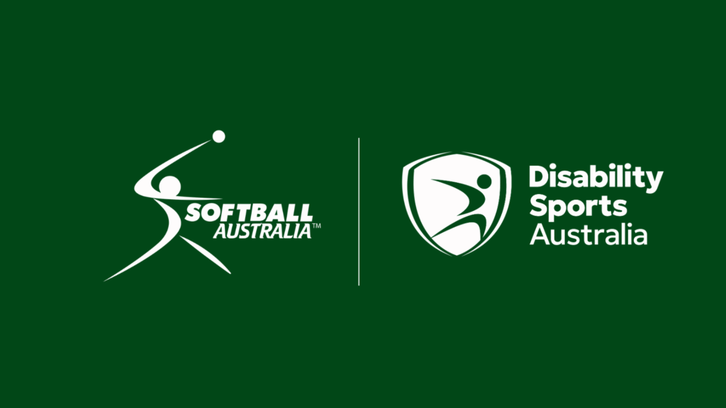 Logos of Softball Australia and Disability Sports Australia side by side on a dark green background. The Softball Australia logo features a stylised figure in motion with a softball, while the Disability Sports Australia logo features a dynamic figure inside a shield next to the organisation’s name.