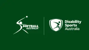 Logos of Softball Australia and Disability Sports Australia side by side on a dark green background. The Softball Australia logo features a stylised figure in motion with a softball, while the Disability Sports Australia logo features a dynamic figure inside a shield next to the organisation’s name.