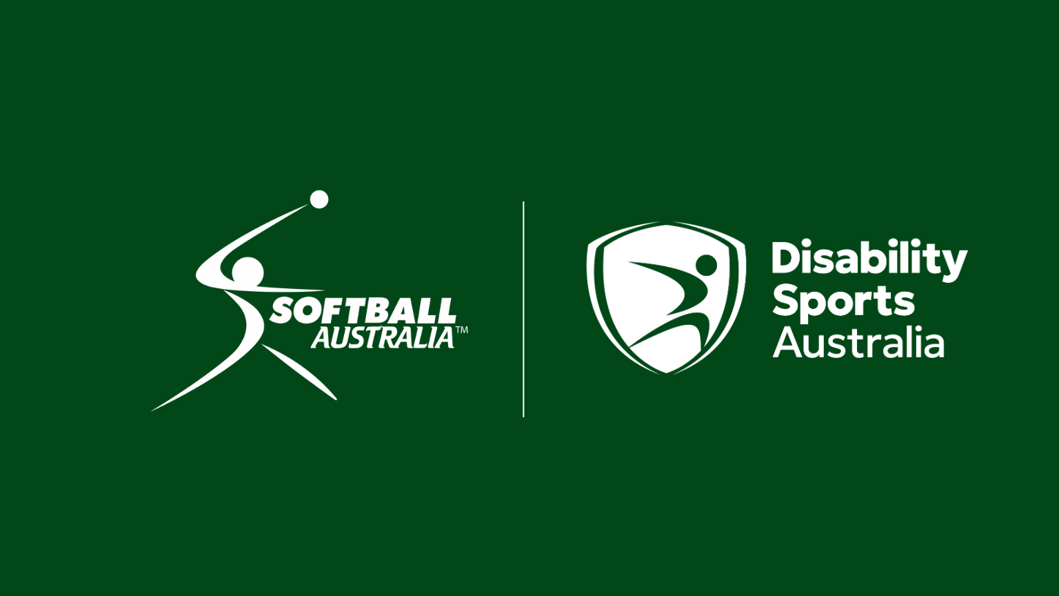 Logos of Softball Australia and Disability Sports Australia side by side on a dark green background. The Softball Australia logo features a stylised figure in motion with a softball, while the Disability Sports Australia logo features a dynamic figure inside a shield next to the organisation’s name.