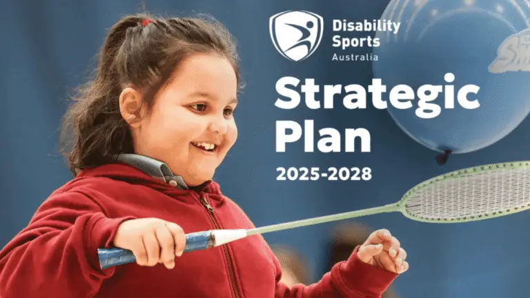 Disability Sports Australia Strategic Plan 2025–2028 cover with smiling girl playing badminton.