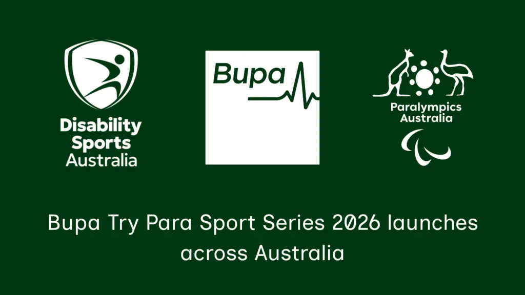 Graphic with Disability Sports Australia, Bupa and Paralympics Australia logos announcing the Bupa Try Para Sport Series 2026 launching across Australia