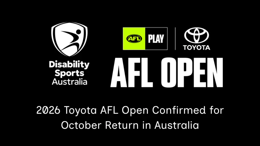 Graphic announcing the 2026 Toyota AFL Open confirmed for October return in Australia with Disability Sports Australia, AFL Play and Toyota logos