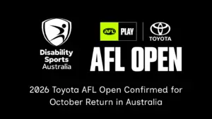Graphic announcing the 2026 Toyota AFL Open confirmed for October return in Australia with Disability Sports Australia, AFL Play and Toyota logos