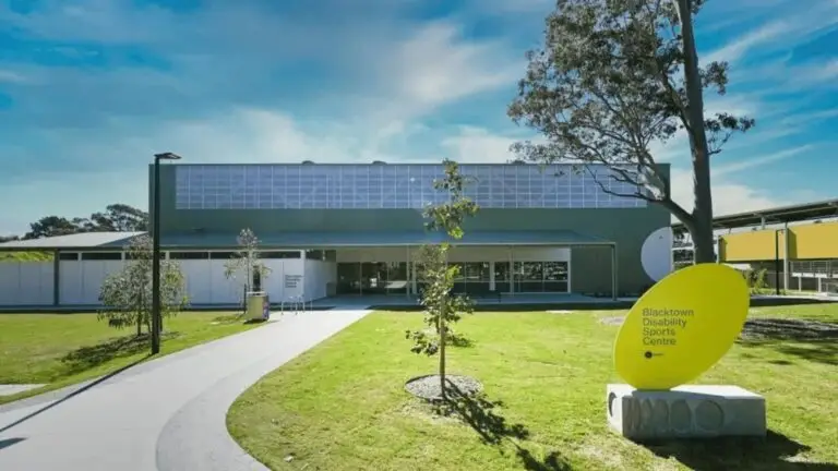 Front view of Blacktown Disability Sports Centre building and surrounding grounds